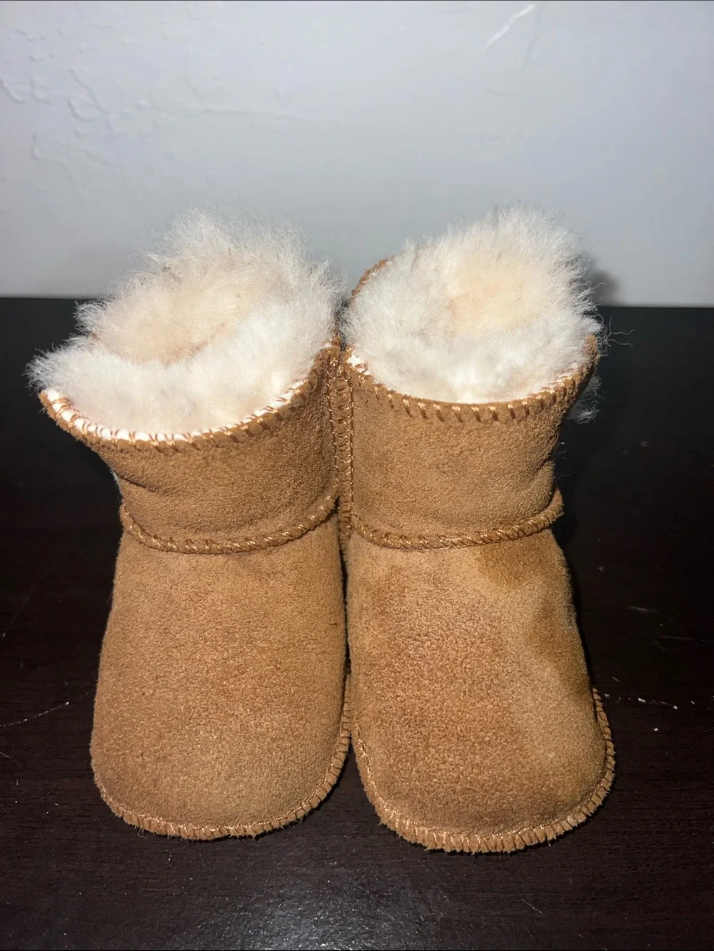 UGG Chestnut Suede Baby Booties with Shearling Trim - Picture 2 of 8